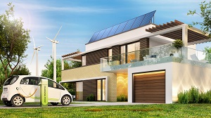 outside of a home with electric car parked in the driveway, solar panels on roof